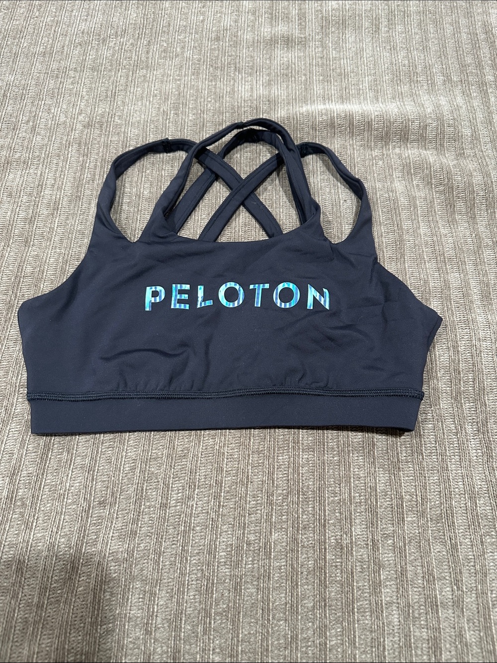 Peloton black Crossback Workout Bra with Teal Logo
